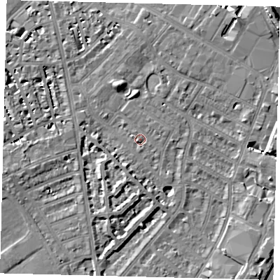 Shaded relief map of the ground around SW62LG, computed from Environment Agency LiDAR. The ground here sits at about 4 m above sea level and falls 10 m across the surrounding 800 m. Surface water reaching this point runs off ground lying to the east-north-east, 0.9 m higher.
