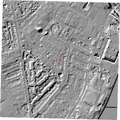 Shaded relief map of the ground around SW62LH, computed from Environment Agency LiDAR. The ground here sits at about 4 m above sea level and falls 11 m across the surrounding 800 m. Surface water reaching this point runs off ground lying to the south, 1.2 m higher.