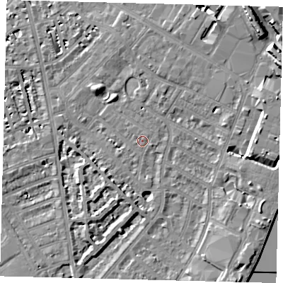 Shaded relief map of the ground around SW62LJ, computed from Environment Agency LiDAR. The ground here sits at about 4 m above sea level and falls 11 m across the surrounding 800 m. The ground contributing surface water to this point lies to the north-east.