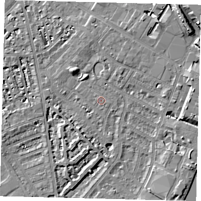 Shaded relief map of the ground around SW62LL, computed from Environment Agency LiDAR. The ground here sits at about 4 m above sea level and falls 10 m across the surrounding 800 m. Surface water reaching this point runs off ground lying to the south-east, 0.5 m higher.