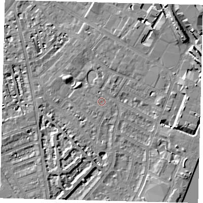 Shaded relief map of the ground around SW62LN, computed from Environment Agency LiDAR. The ground here sits at about 4 m above sea level and falls 11 m across the surrounding 800 m. Surface water reaching this point runs off ground lying to the east, 0.6 m higher.