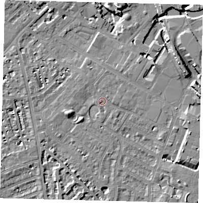 Shaded relief map of the ground around SW62LP, computed from Environment Agency LiDAR. The ground here sits at about 4 m above sea level and falls 21 m across the surrounding 800 m. Surface water reaching this point runs off ground lying to the north-east, 1.5 m higher.
