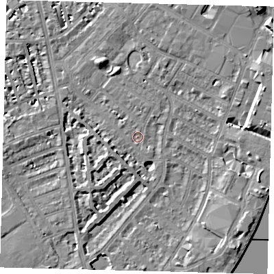 Shaded relief map of the ground around SW62LQ, computed from Environment Agency LiDAR. The ground here sits at about 4 m above sea level and falls 10 m across the surrounding 800 m. Surface water reaching this point runs off ground lying to the west-south-west, 5.4 m higher.
