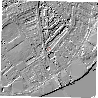 Shaded relief map of the ground around SW62LR, computed from Environment Agency LiDAR. The ground here sits at about 4 m above sea level and falls 9 m across the surrounding 800 m. Surface water reaching this point runs off ground lying to the south-south-east, 7.2 m higher.