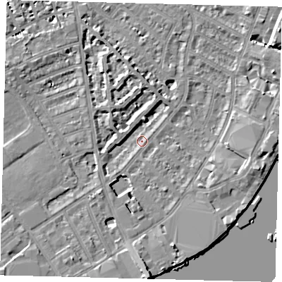 Shaded relief map of the ground around SW62LT, computed from Environment Agency LiDAR. The ground here sits at about 3 m above sea level and falls 9 m across the surrounding 800 m. Surface water reaching this point runs off ground lying to the south, 7.2 m higher.