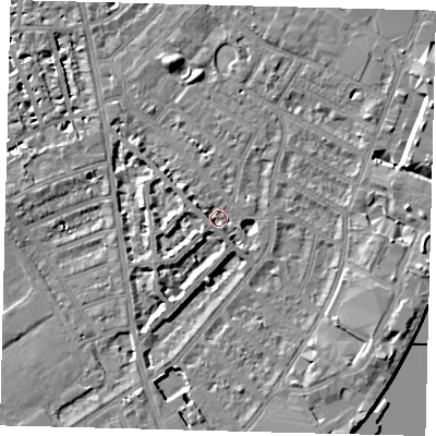 Shaded relief map of the ground around SW62LX, computed from Environment Agency LiDAR. The ground here sits at about 4 m above sea level and falls 8 m across the surrounding 800 m. Surface water reaching this point runs off ground lying to the east-north-east, 7.8 m higher.