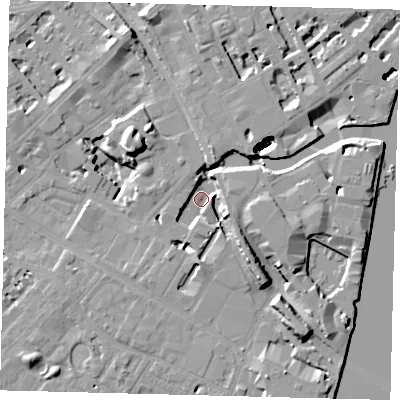 Shaded relief map of the ground around SW62LY, computed from Environment Agency LiDAR. The ground here sits at about 2 m above sea level and falls 48 m across the surrounding 800 m. Surface water reaching this point runs off ground lying to the east-south-east, 9.2 m higher.