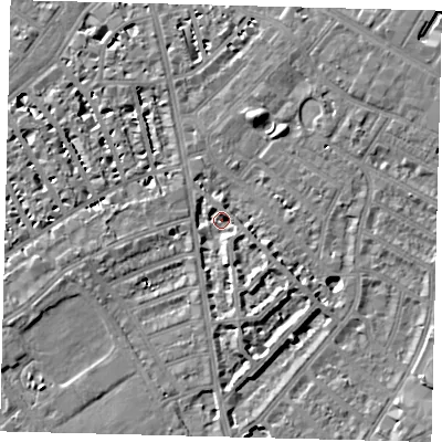 Shaded relief map of the ground around SW62NB, computed from Environment Agency LiDAR. The ground here sits at about 3 m above sea level and falls 7 m across the surrounding 800 m. Surface water reaching this point runs off ground lying to the south-east, 5.4 m higher.