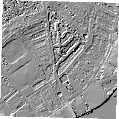 Shaded relief map of the ground around SW62NH, computed from Environment Agency LiDAR. The ground here sits at about 3 m above sea level and falls 9 m across the surrounding 800 m. Surface water reaching this point runs off ground lying to the south-south-east, 7.7 m higher.