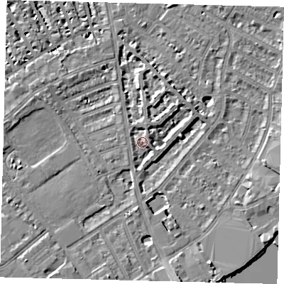 Shaded relief map of the ground around SW62NJ, computed from Environment Agency LiDAR. The ground here sits at about 4 m above sea level and falls 7 m across the surrounding 800 m. Surface water reaching this point runs off ground lying to the north-north-east, 3.5 m higher.