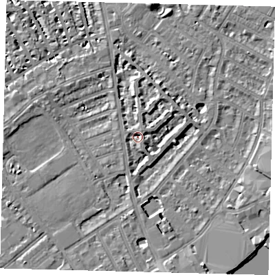 Shaded relief map of the ground around SW62NL, computed from Environment Agency LiDAR. The ground here sits at about 4 m above sea level and falls 7 m across the surrounding 800 m. Surface water reaching this point runs off ground lying to the north-north-east, 2.8 m higher.