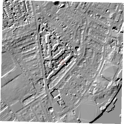 Shaded relief map of the ground around SW62NQ, computed from Environment Agency LiDAR. The ground here sits at about 4 m above sea level and falls 8 m across the surrounding 800 m. Surface water reaching this point runs off ground lying to the south-south-east, 6.0 m higher.