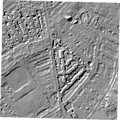 Shaded relief map of the ground around SW62NT, computed from Environment Agency LiDAR. The ground here sits at about 4 m above sea level and falls 7 m across the surrounding 800 m. Surface water reaching this point runs off ground lying to the south-east, 3.1 m higher.