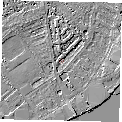 Shaded relief map of the ground around SW62NU, computed from Environment Agency LiDAR. The ground here sits at about 3 m above sea level and falls 9 m across the surrounding 800 m. Surface water reaching this point runs off ground lying to the south-south-east, 7.7 m higher.