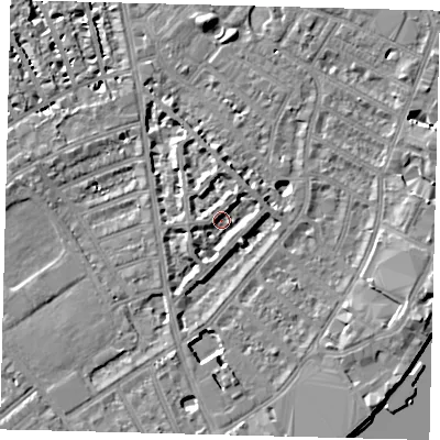 Shaded relief map of the ground around SW62NW, computed from Environment Agency LiDAR. The ground here sits at about 4 m above sea level and falls 8 m across the surrounding 800 m. Surface water reaching this point runs off ground lying to the north-north-east, 3.2 m higher.
