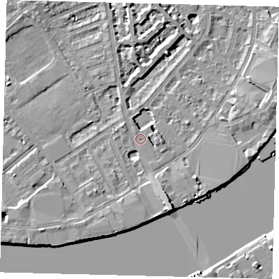 Shaded relief map of the ground around SW62NX, computed from Environment Agency LiDAR. The ground here sits at about 4 m above sea level and falls 9 m across the surrounding 800 m. Surface water reaching this point runs off ground lying to the south-south-east, 6.7 m higher.
