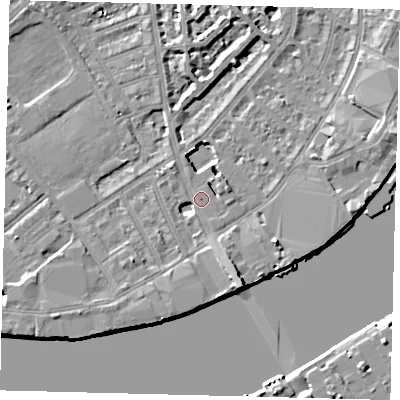 Shaded relief map of the ground around SW62NY, computed from Environment Agency LiDAR. The ground here sits at about 5 m above sea level and falls 9 m across the surrounding 800 m. Surface water reaching this point runs off ground lying to the south-south-east, 6.7 m higher.