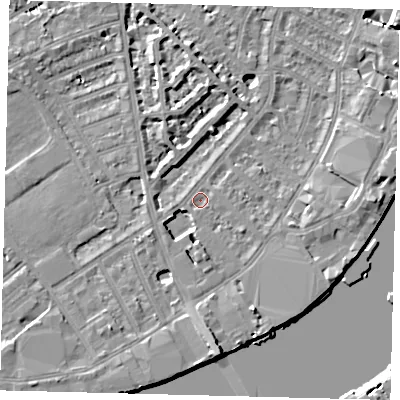 Shaded relief map of the ground around SW62PE, computed from Environment Agency LiDAR. The ground here sits at about 4 m above sea level and falls 9 m across the surrounding 800 m. Surface water reaching this point runs off ground lying to the south, 7.2 m higher.