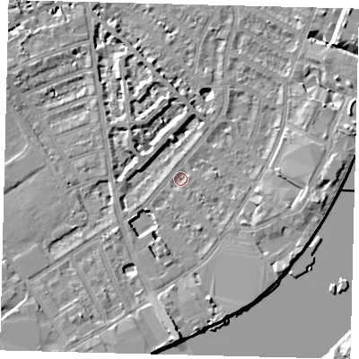 Shaded relief map of the ground around SW62PF, computed from Environment Agency LiDAR. The ground here sits at about 3 m above sea level and falls 9 m across the surrounding 800 m. Surface water reaching this point runs off ground lying to the south, 7.2 m higher.