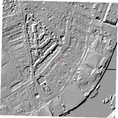 Shaded relief map of the ground around SW62PG, computed from Environment Agency LiDAR. The ground here sits at about 3 m above sea level and falls 8 m across the surrounding 800 m. Surface water reaching this point runs off ground lying to the south, 7.1 m higher.