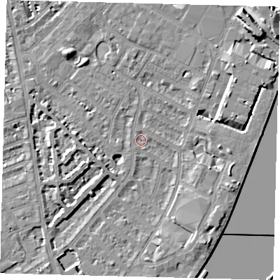 Shaded relief map of the ground around SW62PJ, computed from Environment Agency LiDAR. The ground here sits at about 3 m above sea level and falls 11 m across the surrounding 800 m. Surface water reaching this point runs off ground lying to the south-south-east, 6.2 m higher.