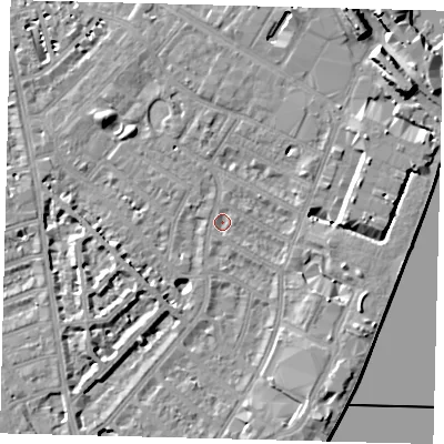 Shaded relief map of the ground around SW62PL, computed from Environment Agency LiDAR. The ground here sits at about 3 m above sea level and falls 11 m across the surrounding 800 m. Surface water reaching this point runs off ground lying to the east-north-east, 6.8 m higher.