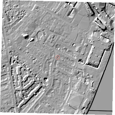 Shaded relief map of the ground around SW62PN, computed from Environment Agency LiDAR. The ground here sits at about 4 m above sea level and falls 11 m across the surrounding 800 m. Surface water reaching this point runs off ground lying to the east-north-east, 6.8 m higher.