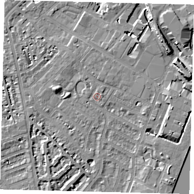 Shaded relief map of the ground around SW62PP, computed from Environment Agency LiDAR. The ground here sits at about 4 m above sea level and falls 11 m across the surrounding 800 m. Surface water reaching this point runs off ground lying to the east-south-east, 0.8 m higher.
