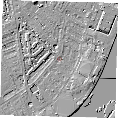 Shaded relief map of the ground around SW62PQ, computed from Environment Agency LiDAR. The ground here sits at about 4 m above sea level and falls 8 m across the surrounding 800 m. Surface water reaching this point runs off ground lying to the south-east, 6.2 m higher.