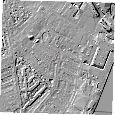 Shaded relief map of the ground around SW62PR, computed from Environment Agency LiDAR. The ground here sits at about 4 m above sea level and falls 11 m across the surrounding 800 m. Surface water reaching this point runs off ground lying to the north-north-west, 0.9 m higher.