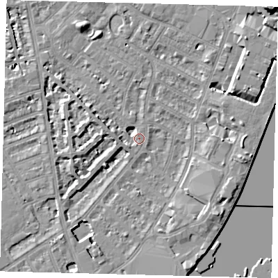 Shaded relief map of the ground around SW62PS, computed from Environment Agency LiDAR. The ground here sits at about 4 m above sea level and falls 11 m across the surrounding 800 m. Surface water reaching this point runs off ground lying to the west-south-west, 4.0 m higher.