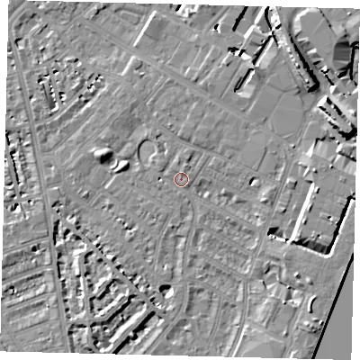 Shaded relief map of the ground around SW62PW, computed from Environment Agency LiDAR. The ground here sits at about 4 m above sea level and falls 11 m across the surrounding 800 m. Surface water reaching this point runs off ground lying to the north-north-east, 2.4 m higher.