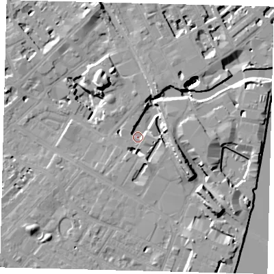 Shaded relief map of the ground around SW62QN, computed from Environment Agency LiDAR. The ground here sits at about 2 m above sea level and falls 21 m across the surrounding 800 m. Surface water reaching this point runs off ground lying to the east-north-east, 9.2 m higher.