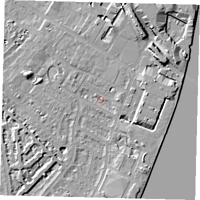 Shaded relief map of the ground around SW62QP, computed from Environment Agency LiDAR. The ground here sits at about 3 m above sea level and falls 11 m across the surrounding 800 m. Surface water reaching this point runs off ground lying to the west-south-west, 1.1 m higher.