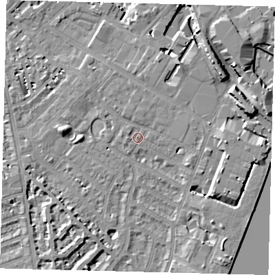 Shaded relief map of the ground around SW62QR, computed from Environment Agency LiDAR. The ground here sits at about 4 m above sea level and falls 12 m across the surrounding 800 m. Surface water reaching this point runs off ground lying to the east, 1.6 m higher.
