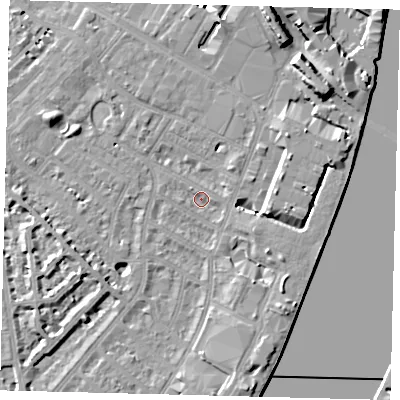 Shaded relief map of the ground around SW62QT, computed from Environment Agency LiDAR. The ground here sits at about 3 m above sea level and falls 11 m across the surrounding 800 m. Surface water reaching this point runs off ground lying to the north-east, 3.4 m higher.
