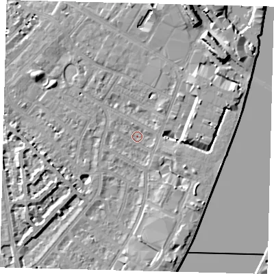 Shaded relief map of the ground around SW62QU, computed from Environment Agency LiDAR. The ground here sits at about 4 m above sea level and falls 11 m across the surrounding 800 m. Surface water reaching this point runs off ground lying to the north-east, 6.8 m higher.