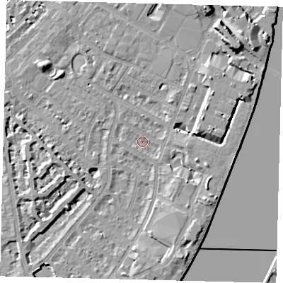 Shaded relief map of the ground around SW62QX, computed from Environment Agency LiDAR. The ground here sits at about 3 m above sea level and falls 11 m across the surrounding 800 m. Surface water reaching this point runs off ground lying to the north-east, 6.8 m higher.
