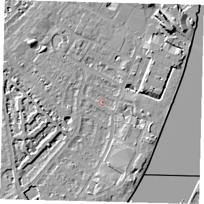 Shaded relief map of the ground around SW62QY, computed from Environment Agency LiDAR. The ground here sits at about 3 m above sea level and falls 11 m across the surrounding 800 m. Surface water reaching this point runs off ground lying to the north-east, 6.8 m higher.