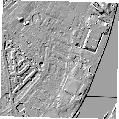 Shaded relief map of the ground around SW62QZ, computed from Environment Agency LiDAR. The ground here sits at about 3 m above sea level and falls 11 m across the surrounding 800 m. Surface water reaching this point runs off ground lying to the south-south-east, 6.2 m higher.