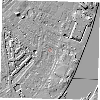 Shaded relief map of the ground around SW62RB, computed from Environment Agency LiDAR. The ground here sits at about 3 m above sea level and falls 11 m across the surrounding 800 m. Surface water reaching this point runs off ground lying to the south-south-east, 6.2 m higher.