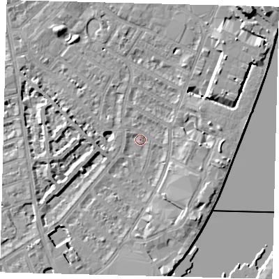 Shaded relief map of the ground around SW62RD, computed from Environment Agency LiDAR. The ground here sits at about 3 m above sea level and falls 11 m across the surrounding 800 m. Surface water reaching this point runs off ground lying to the south-east, 6.2 m higher.