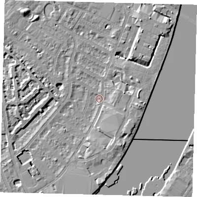 Shaded relief map of the ground around SW62RH, computed from Environment Agency LiDAR. The ground here sits at about 3 m above sea level and falls 8 m across the surrounding 800 m. Surface water reaching this point runs off ground lying to the south-south-east, 4.6 m higher.