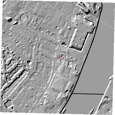 Shaded relief map of the ground around SW62RJ, computed from Environment Agency LiDAR. The ground here sits at about 4 m above sea level and falls 11 m across the surrounding 800 m. Surface water reaching this point runs off ground lying to the south, 4.3 m higher.