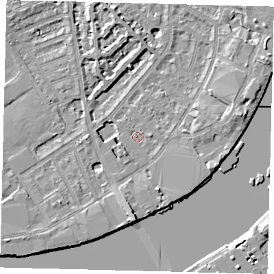 Shaded relief map of the ground around SW62RP, computed from Environment Agency LiDAR. The ground here sits at about 4 m above sea level and falls 9 m across the surrounding 800 m. Surface water reaching this point runs off ground lying to the south, 5.9 m higher.