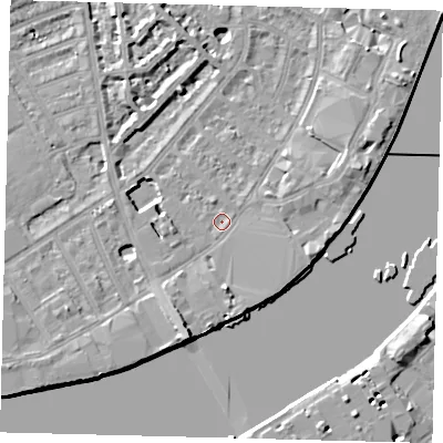 Shaded relief map of the ground around SW62RR, computed from Environment Agency LiDAR. The ground here sits at about 4 m above sea level and falls 9 m across the surrounding 800 m. Surface water reaching this point runs off ground lying to the south, 3.3 m higher.