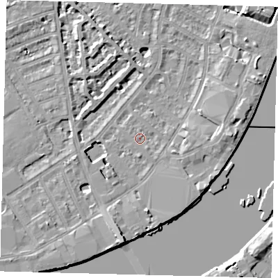 Shaded relief map of the ground around SW62RS, computed from Environment Agency LiDAR. The ground here sits at about 4 m above sea level and falls 9 m across the surrounding 800 m. Surface water reaching this point runs off ground lying to the south, 4.1 m higher.