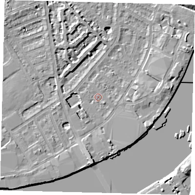 Shaded relief map of the ground around SW62RT, computed from Environment Agency LiDAR. The ground here sits at about 4 m above sea level and falls 9 m across the surrounding 800 m. Surface water reaching this point runs off ground lying to the south, 5.9 m higher.