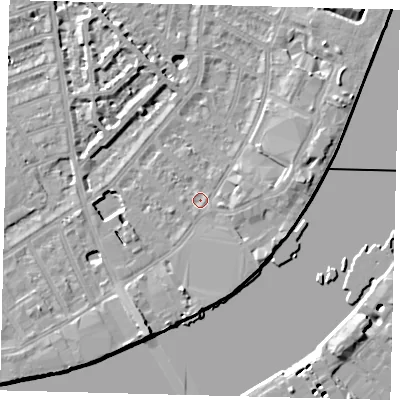 Shaded relief map of the ground around SW62RU, computed from Environment Agency LiDAR. The ground here sits at about 4 m above sea level and falls 9 m across the surrounding 800 m. Surface water reaching this point runs off ground lying to the south, 3.7 m higher.