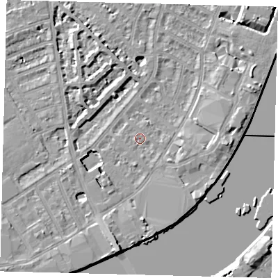 Shaded relief map of the ground around SW62RX, computed from Environment Agency LiDAR. The ground here sits at about 4 m above sea level and falls 9 m across the surrounding 800 m. Surface water reaching this point runs off ground lying to the south, 4.1 m higher.